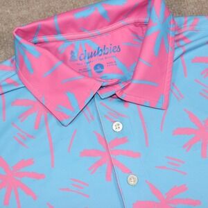 Chubbies Mens Small Polo Shirt Blue Pink Tropical Palm Tree Performance Stretch